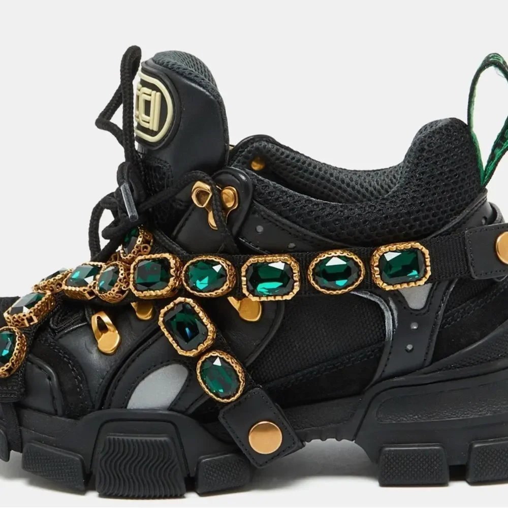 Brand new Gucci Black Mesh and Leather Flashtrek Reflective Removable Crystals - Picture 2 of 15